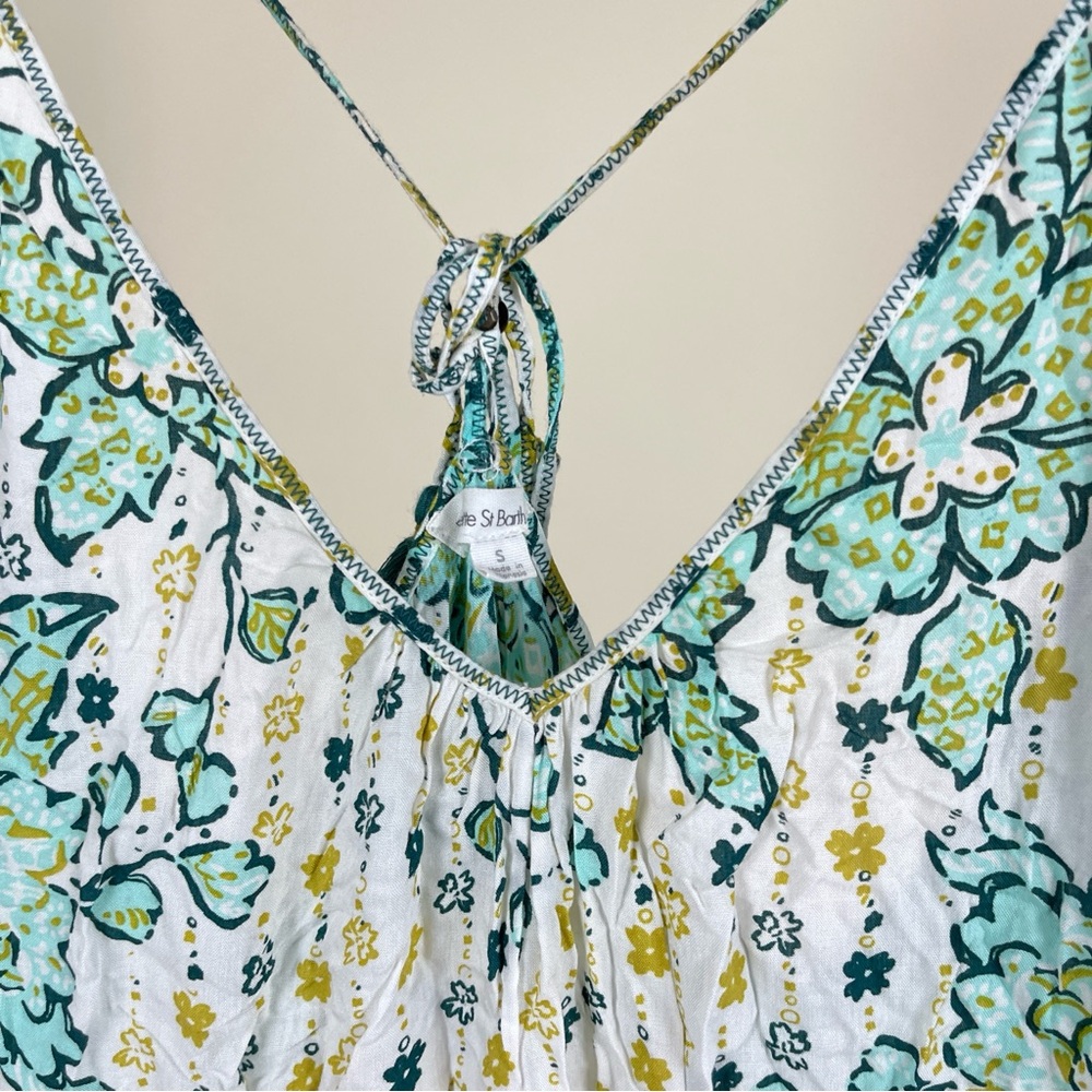 Poupette St. Barth Printed V Neck Maxi Dress Island Tropical Green White Floral - Picture 2 of 4